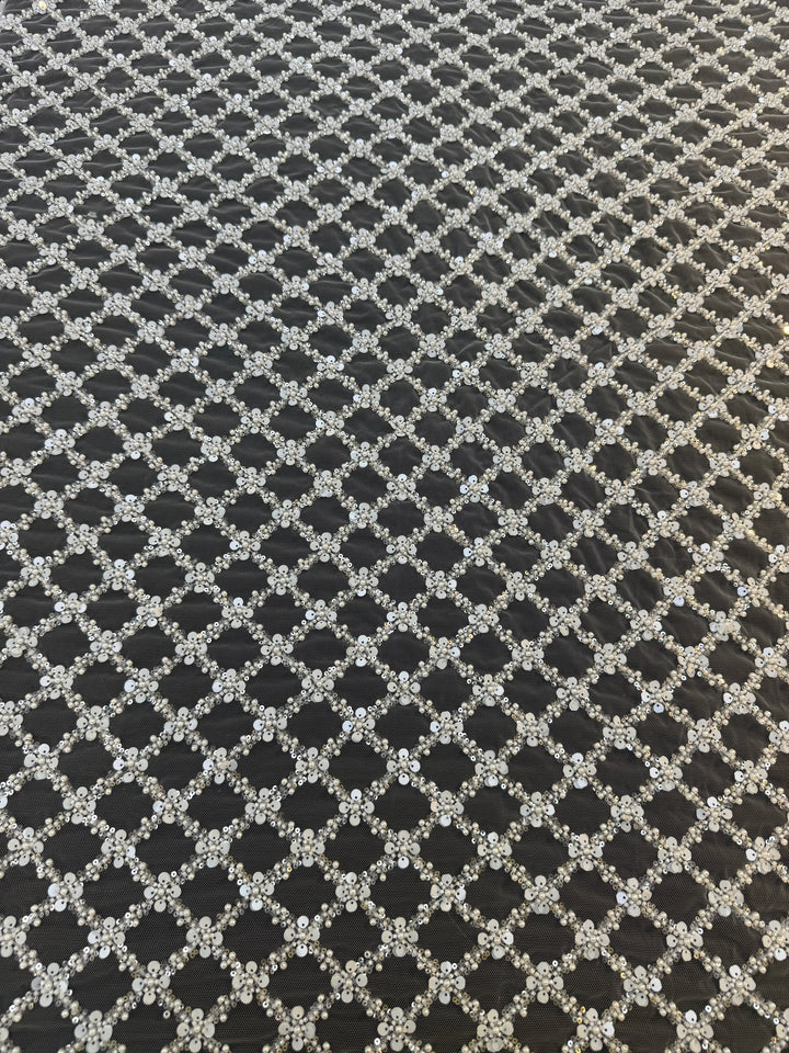 Luxury Diamond Lattice Beaded & Sequin Embroidered Tulle – White on Black Mesh( 1 Piece = 4 Meter)
