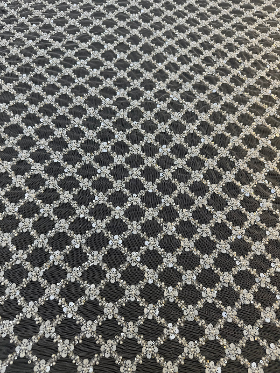 Luxury Diamond Lattice Beaded & Sequin Embroidered Tulle – White on Black Mesh( 1 Piece = 4 Meter)
