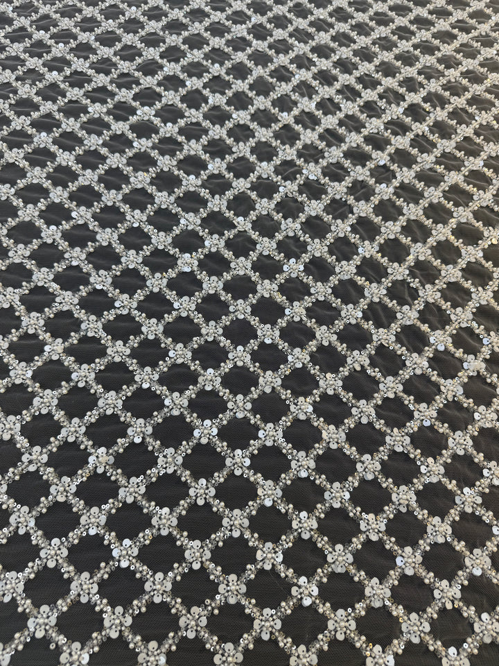 Luxury Diamond Lattice Beaded & Sequin Embroidered Tulle – White on Black Mesh( 1 Piece = 4 Meter)