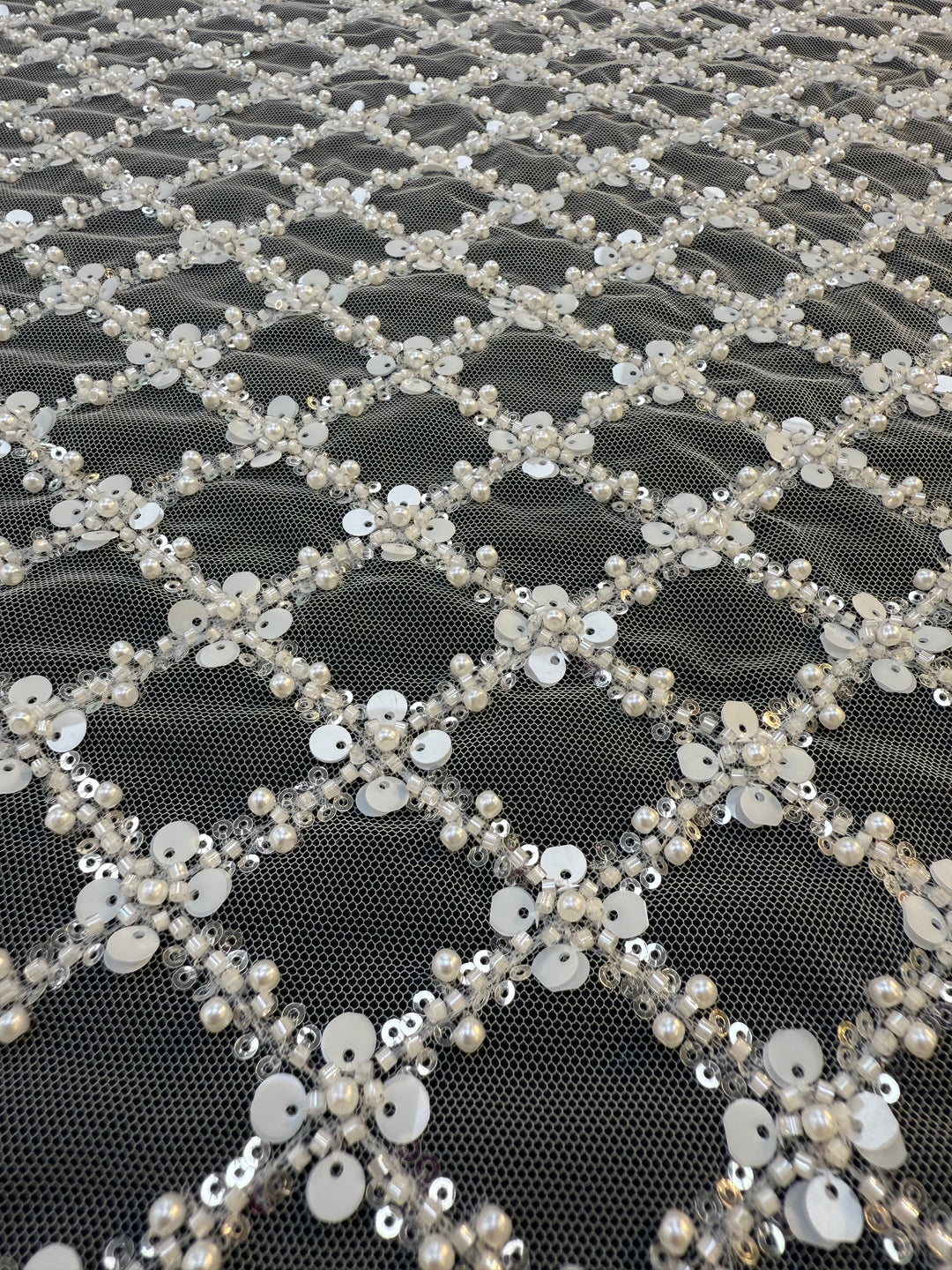 Luxury Diamond Lattice Beaded & Sequin Embroidered Tulle – White on Black Mesh( 1 Piece = 4 Meter)