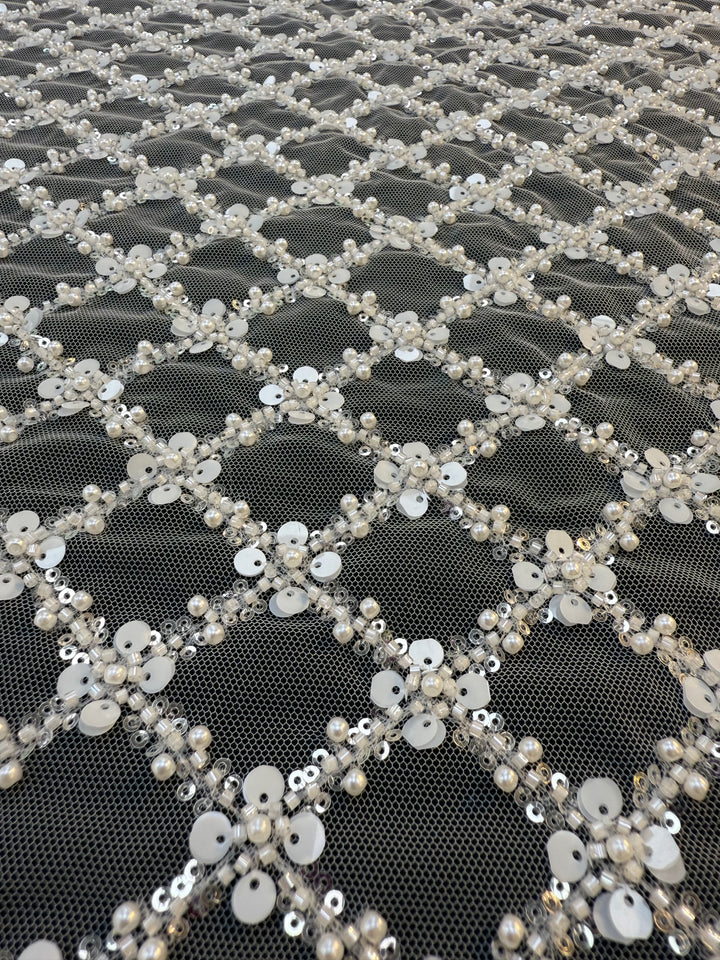 Luxury Diamond Lattice Beaded & Sequin Embroidered Tulle – White on Black Mesh( 1 Piece = 4 Meter)
