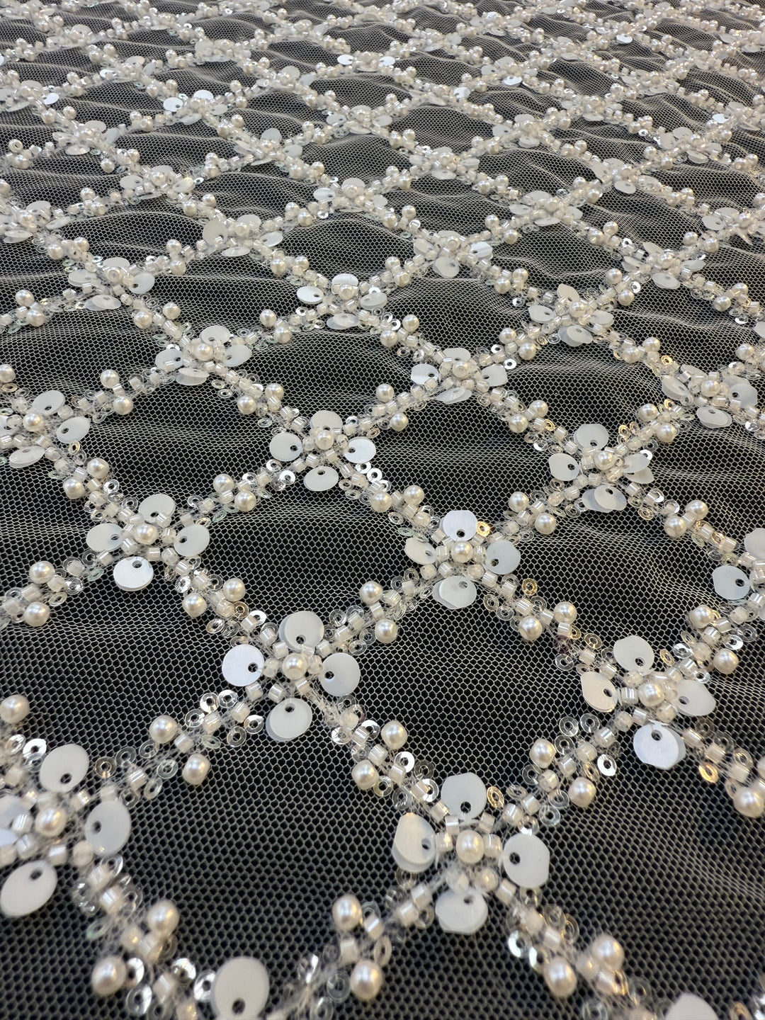 Luxury Diamond Lattice Beaded & Sequin Embroidered Tulle – White on Black Mesh( 1 Piece = 4 Meter)