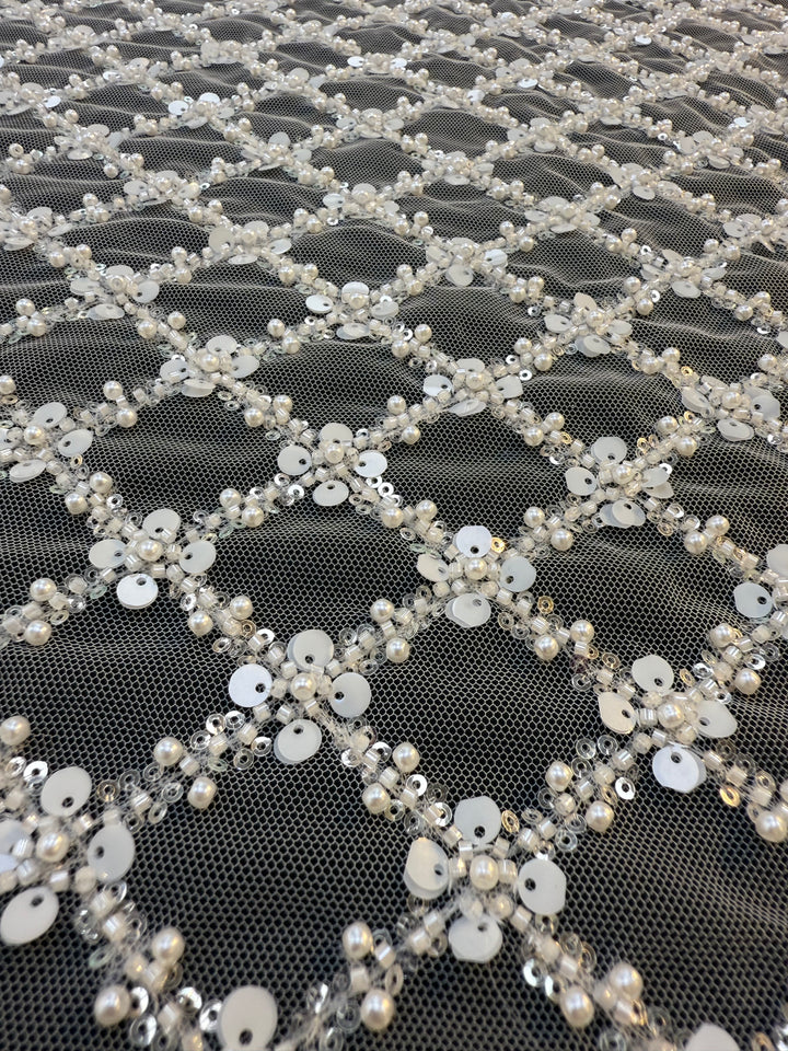 Luxury Diamond Lattice Beaded & Sequin Embroidered Tulle – White on Black Mesh( 1 Piece = 4 Meter)