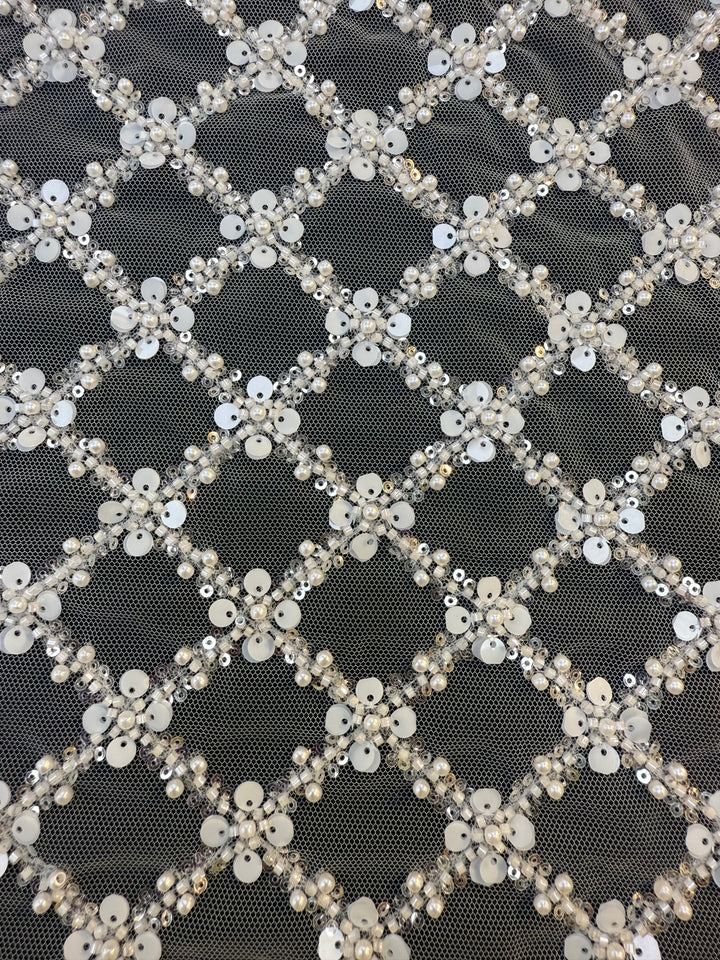 Luxury Diamond Lattice Beaded & Sequin Embroidered Tulle – White on Black Mesh( 1 Piece = 4 Meter)