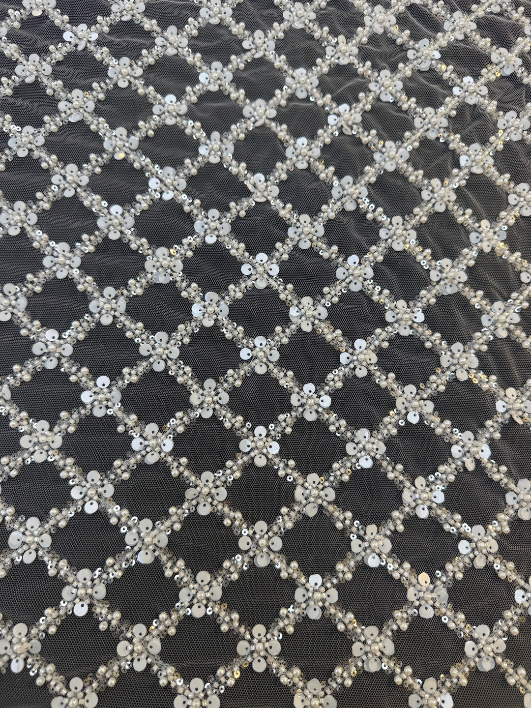 Luxury Diamond Lattice Beaded & Sequin Embroidered Tulle – White on Black Mesh( 1 Piece = 4 Meter)