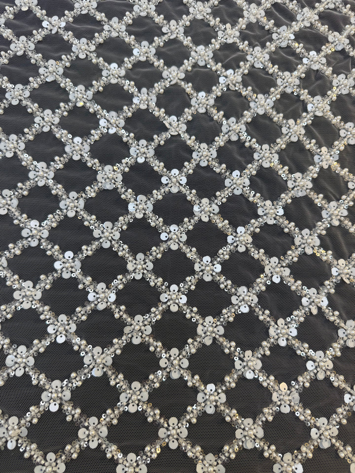 Luxury Diamond Lattice Beaded & Sequin Embroidered Tulle – White on Black Mesh( 1 Piece = 4 Meter)