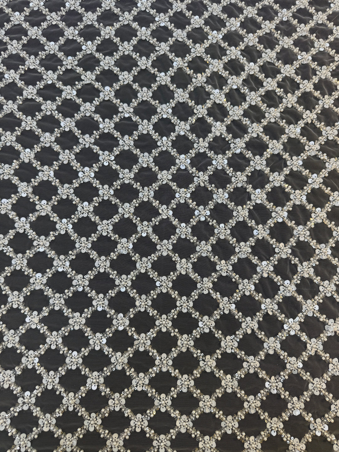 Luxury Diamond Lattice Beaded & Sequin Embroidered Tulle – White on Black Mesh( 1 Piece = 4 Meter)