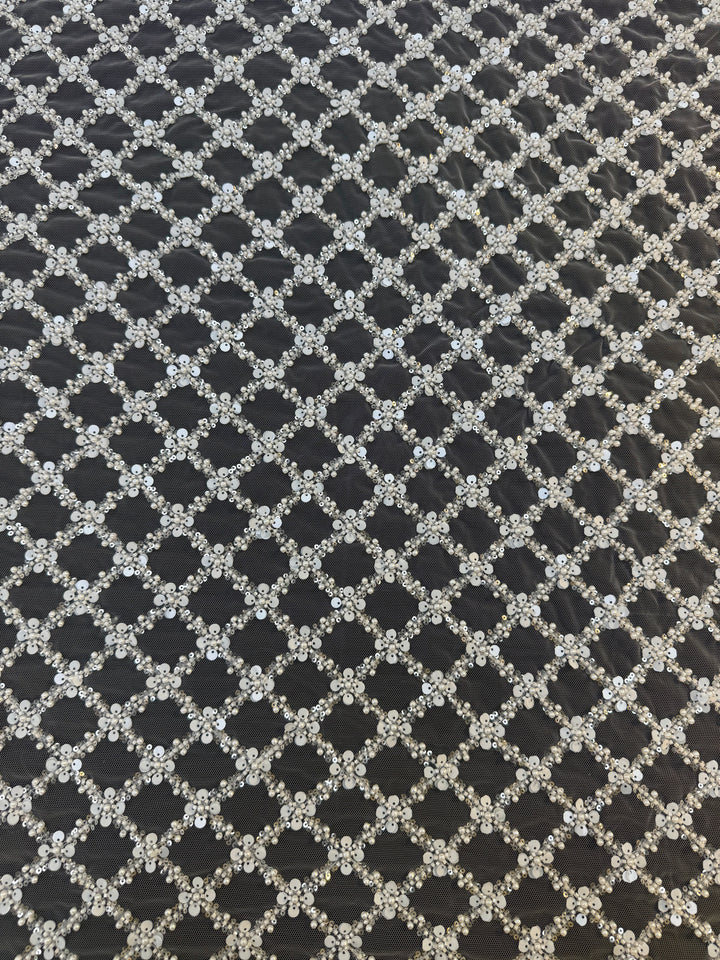 Luxury Diamond Lattice Beaded & Sequin Embroidered Tulle – White on Black Mesh( 1 Piece = 4 Meter)