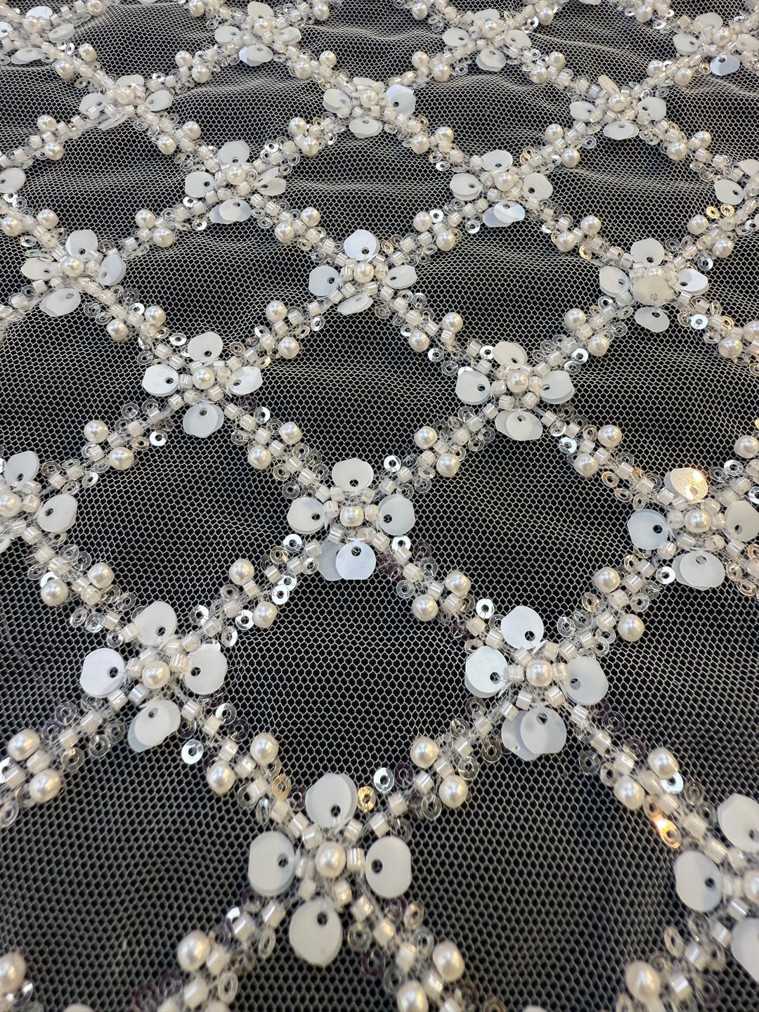 Luxury Diamond Lattice Beaded & Sequin Embroidered Tulle – White on Black Mesh( 1 Piece = 4 Meter)
