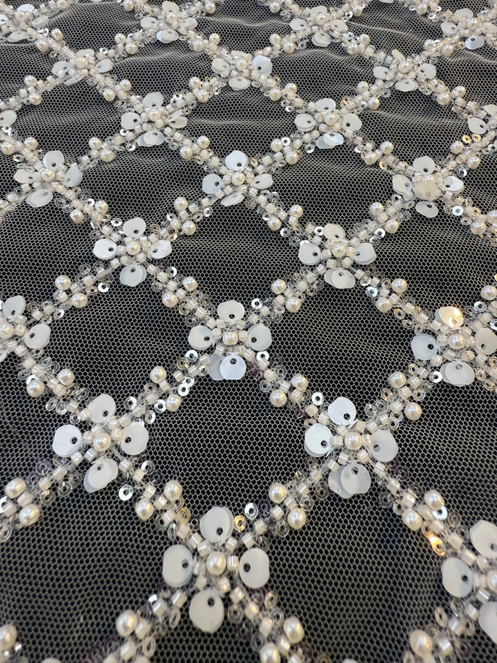 Luxury Diamond Lattice Beaded & Sequin Embroidered Tulle – White on Black Mesh( 1 Piece = 4 Meter)