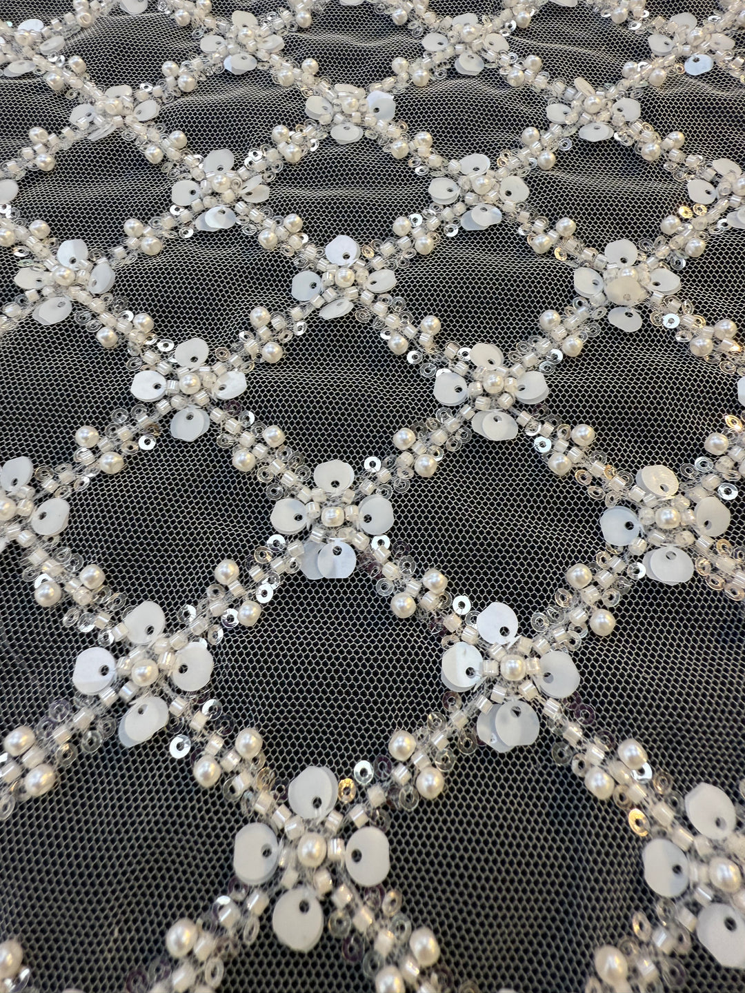 Luxury Diamond Lattice Beaded & Sequin Embroidered Tulle – White on Black Mesh( 1 Piece = 4 Meter)