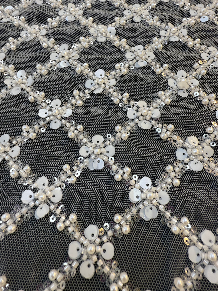 Luxury Diamond Lattice Beaded & Sequin Embroidered Tulle – White on Black Mesh( 1 Piece = 4 Meter)