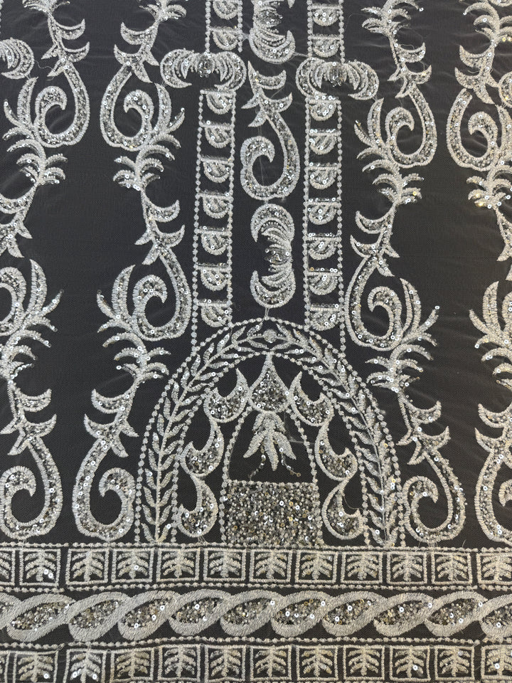 Luxury Off-white Embroidered Tulle with Sequins – Baroque Motif Evening & Bridal Fabric