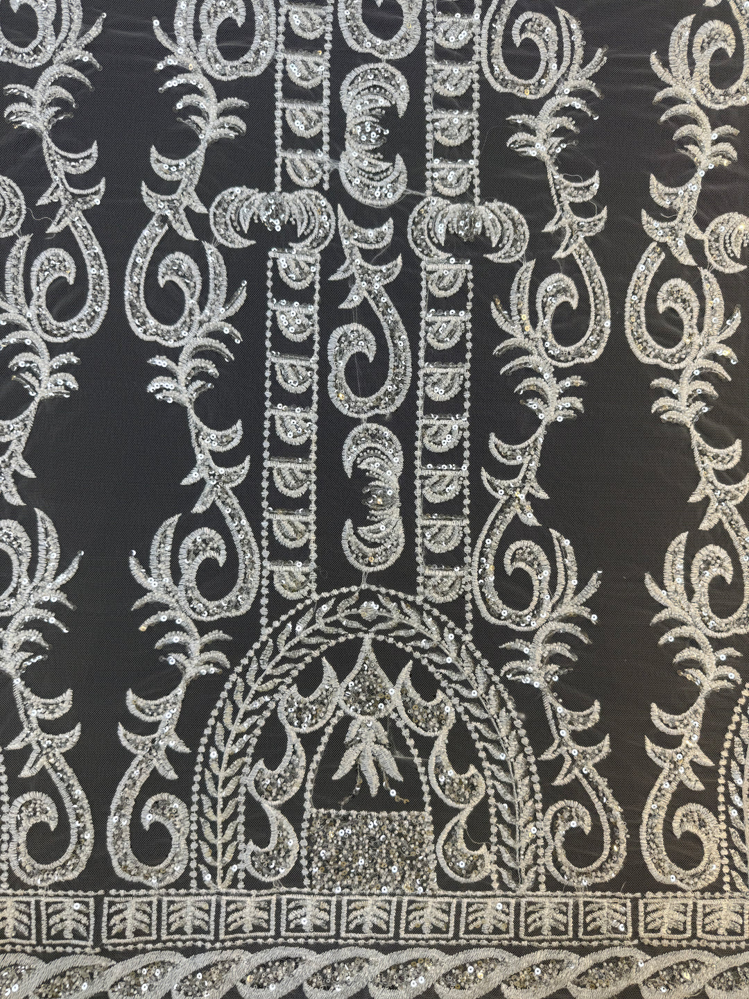 Luxury Off-white Embroidered Tulle with Sequins – Baroque Motif Evening & Bridal Fabric