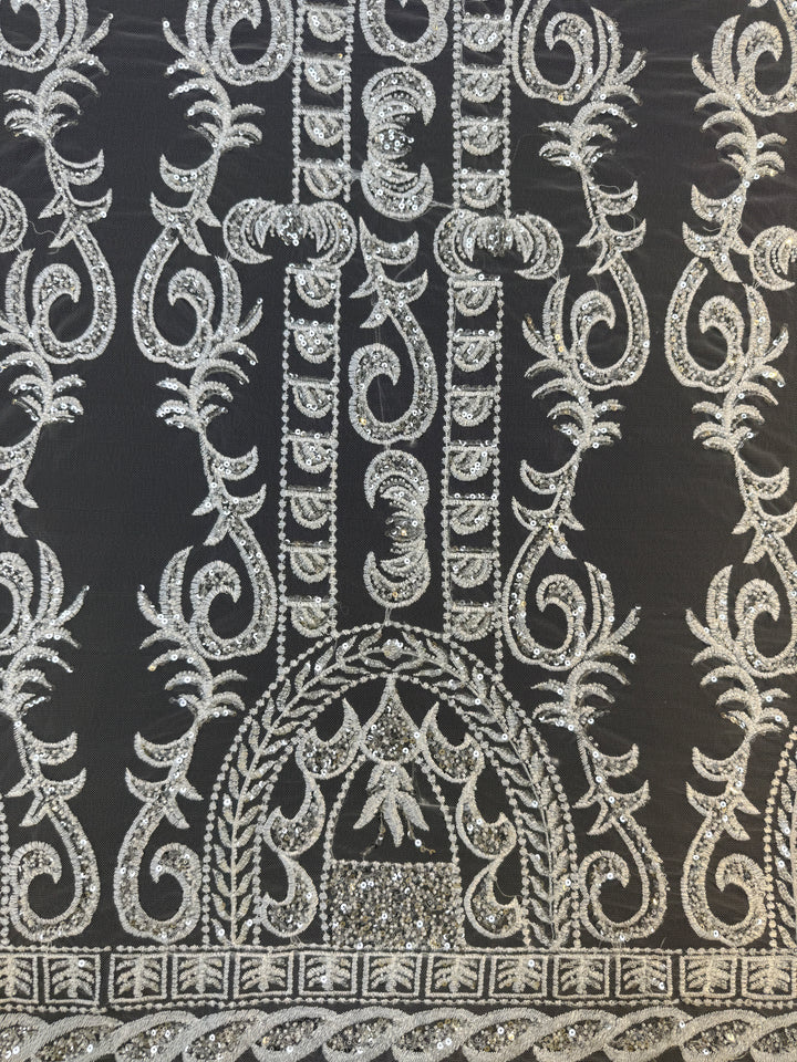 Luxury Off-white Embroidered Tulle with Sequins – Baroque Motif Evening & Bridal Fabric