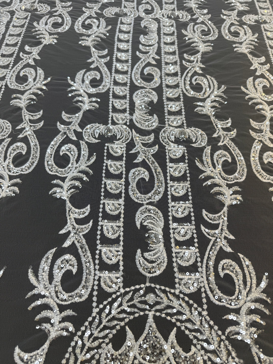 Luxury Off-white Embroidered Tulle with Sequins – Baroque Motif Evening & Bridal Fabric