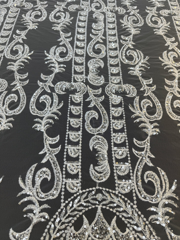 Luxury Off-white Embroidered Tulle with Sequins – Baroque Motif Evening & Bridal Fabric