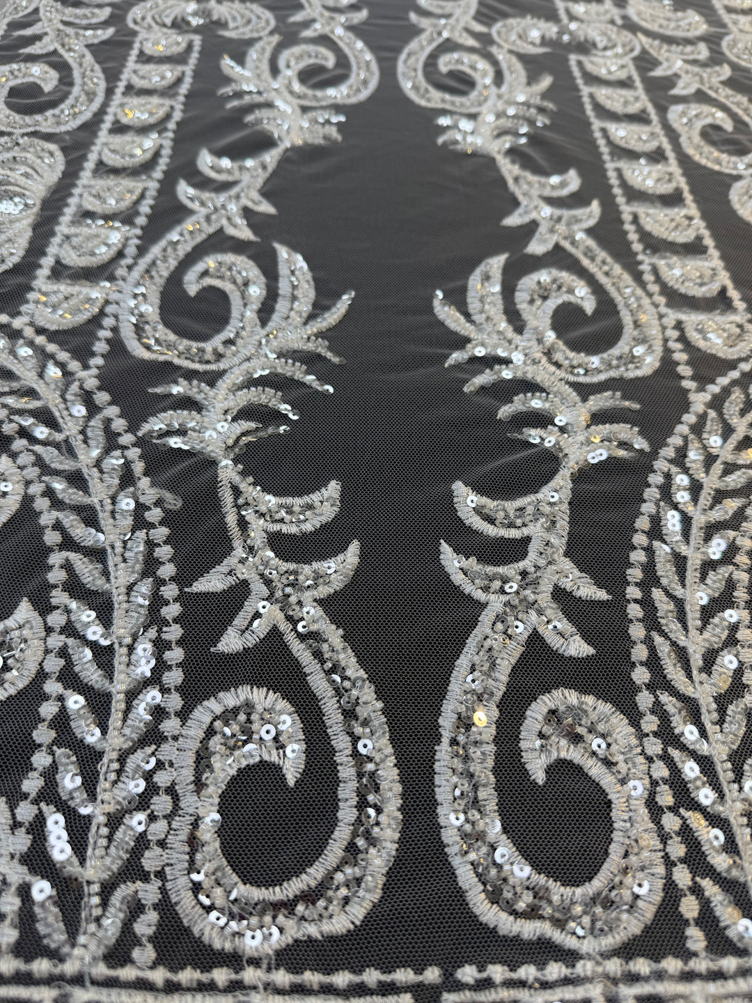 Luxury Off-white Embroidered Tulle with Sequins – Baroque Motif Evening & Bridal Fabric