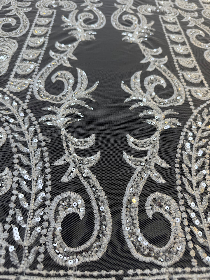 Luxury Off-white Embroidered Tulle with Sequins – Baroque Motif Evening & Bridal Fabric
