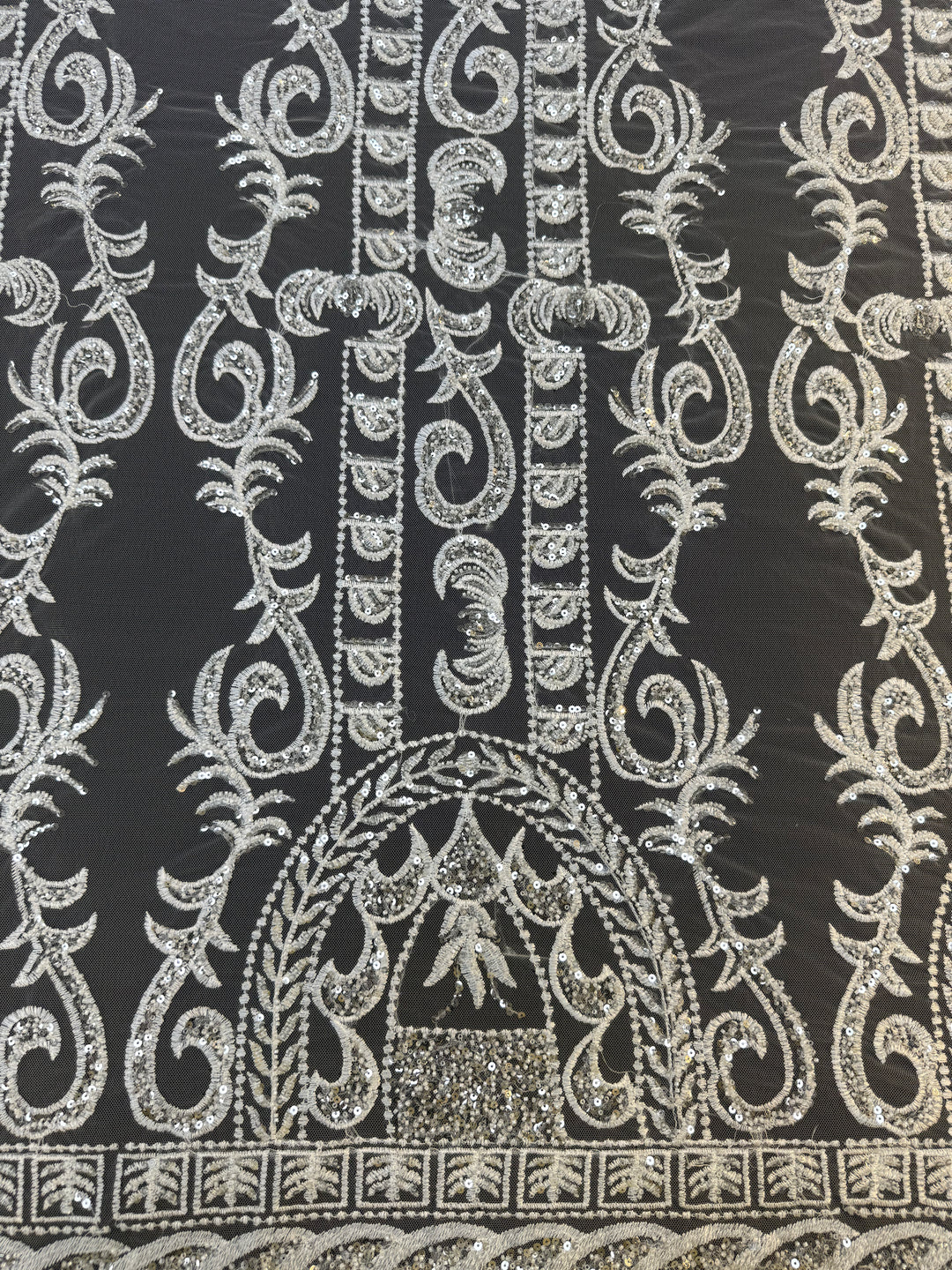 Luxury Off-white Embroidered Tulle with Sequins – Baroque Motif Evening & Bridal Fabric
