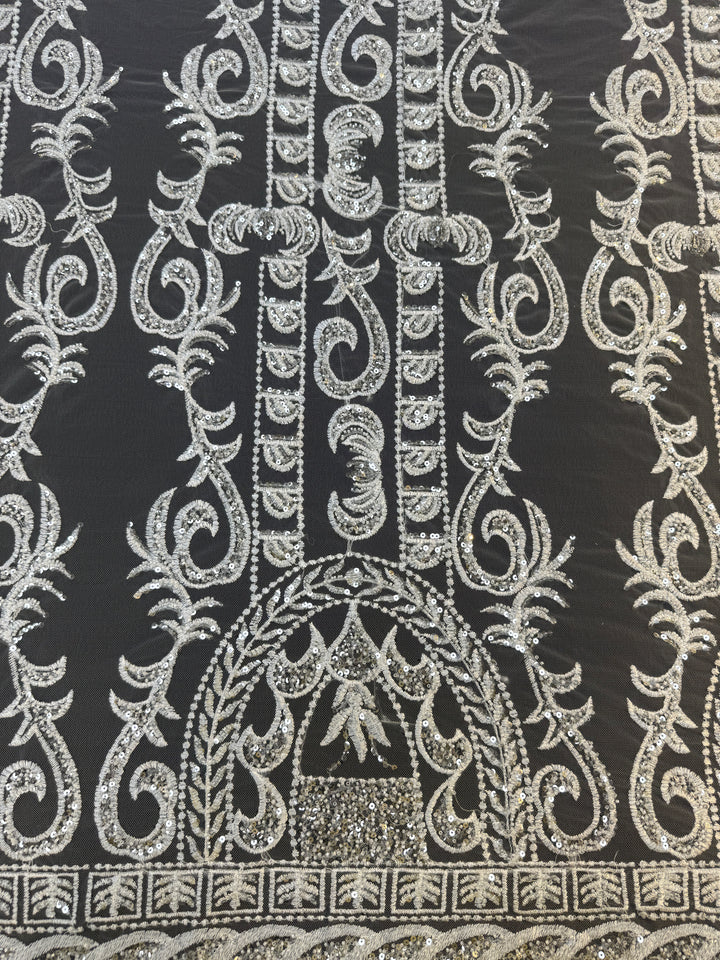 Luxury Off-white Embroidered Tulle with Sequins – Baroque Motif Evening & Bridal Fabric