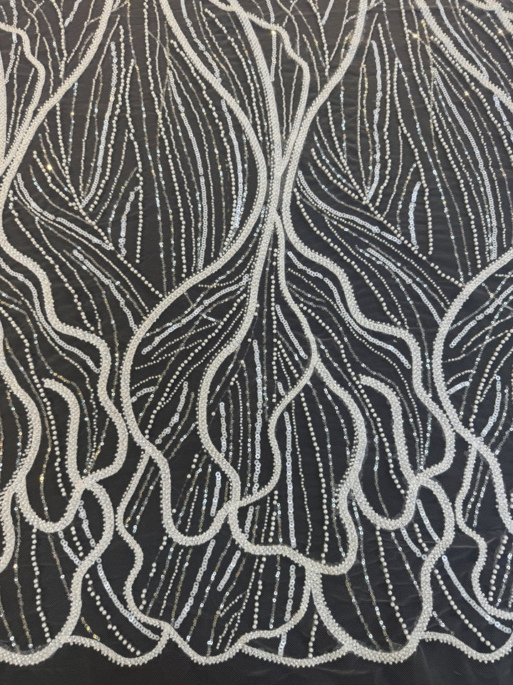 Luxury Off-white Lace with Silver Sequin Abstract Waves( 1 Piece = 2 Meter)