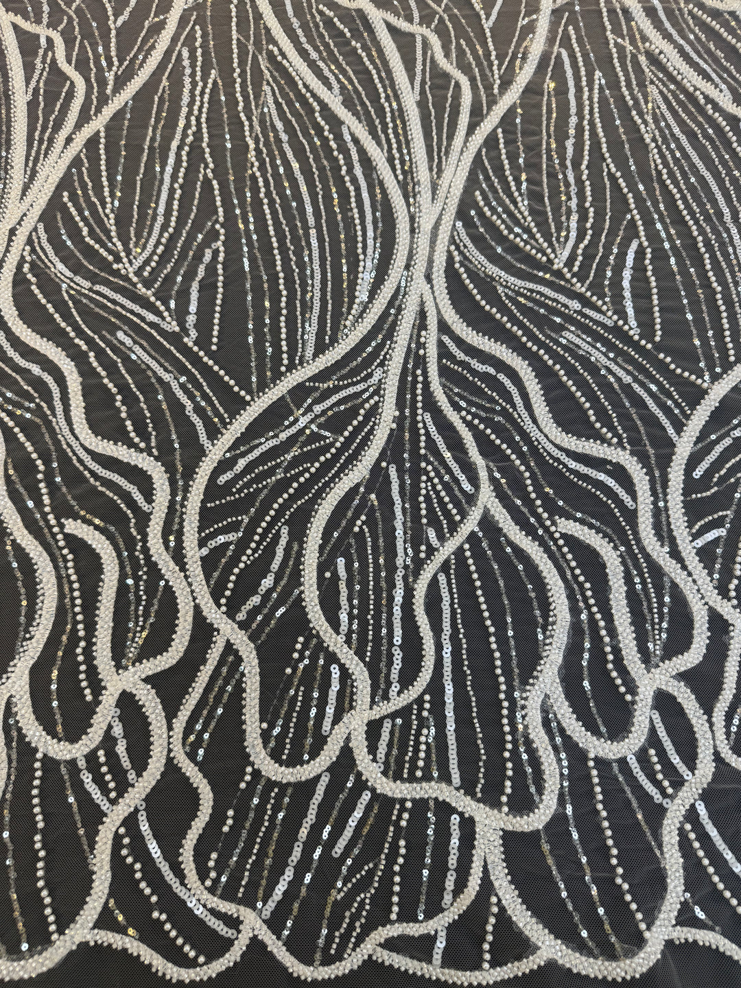 Luxury Off-white Lace with Silver Sequin Abstract Waves( 1 Piece = 2 Meter)