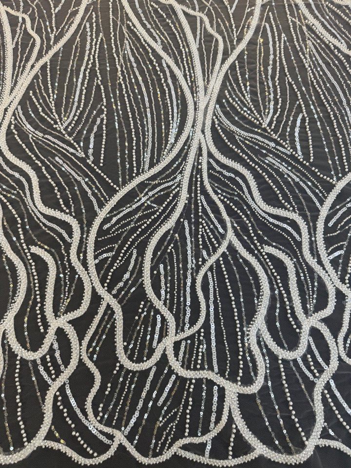 Luxury Off-white Lace with Silver Sequin Abstract Waves( 1 Piece = 2 Meter)