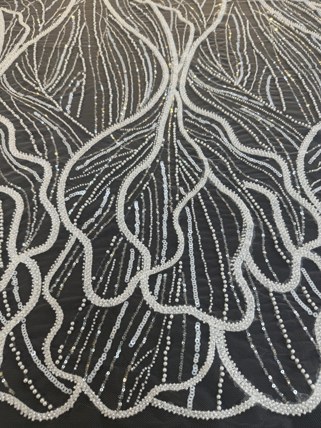 Luxury Off-white Lace with Silver Sequin Abstract Waves( 1 Piece = 2 Meter)