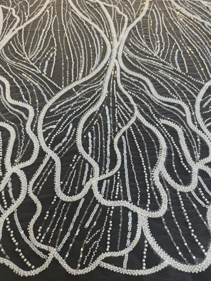 Luxury Off-white Lace with Silver Sequin Abstract Waves( 1 Piece = 2 Meter)