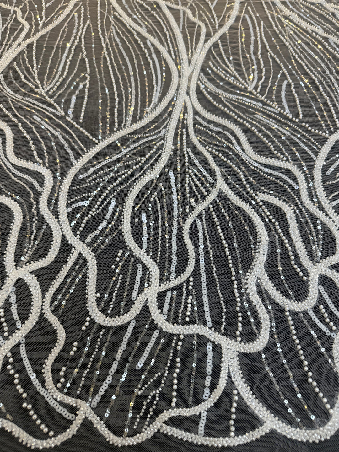 Luxury Off-white Lace with Silver Sequin Abstract Waves( 1 Piece = 2 Meter)