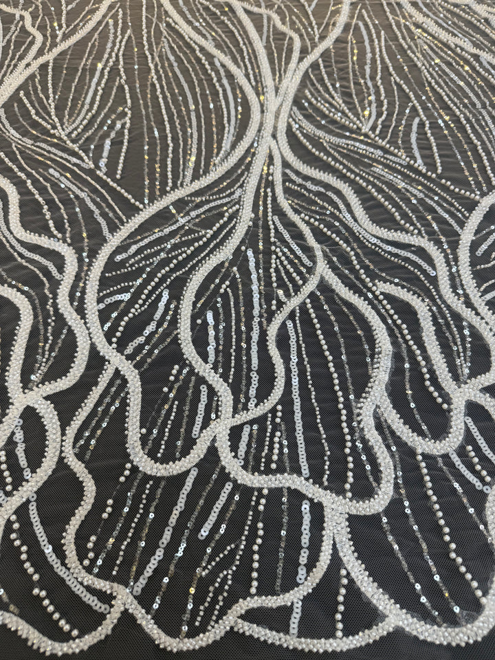 Luxury Off-white Lace with Silver Sequin Abstract Waves( 1 Piece = 2 Meter)