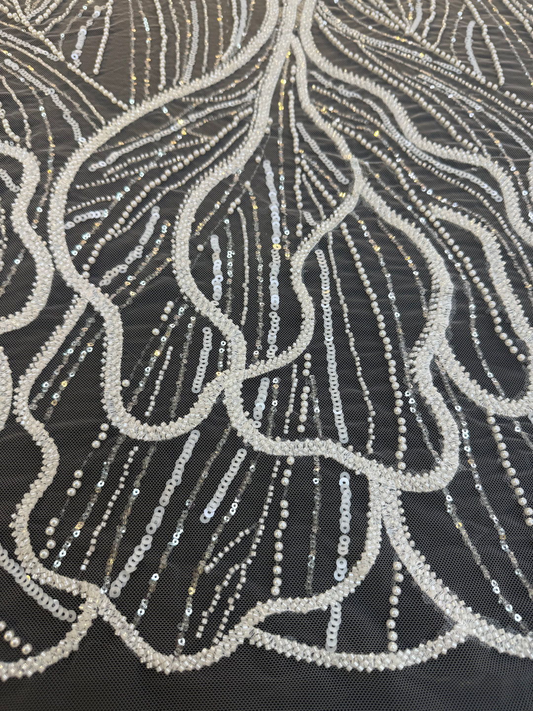 Luxury Off-white Lace with Silver Sequin Abstract Waves( 1 Piece = 2 Meter)