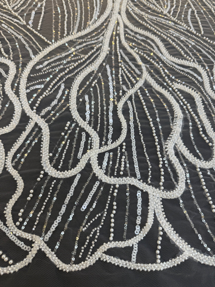 Luxury Off-white Lace with Silver Sequin Abstract Waves( 1 Piece = 2 Meter)