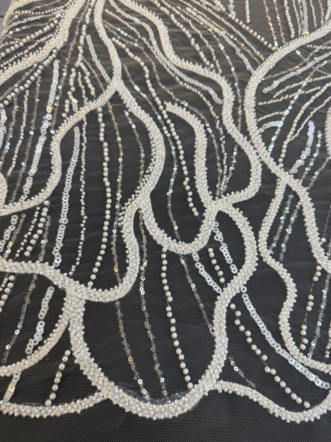Luxury Off-white Lace with Silver Sequin Abstract Waves( 1 Piece = 2 Meter)