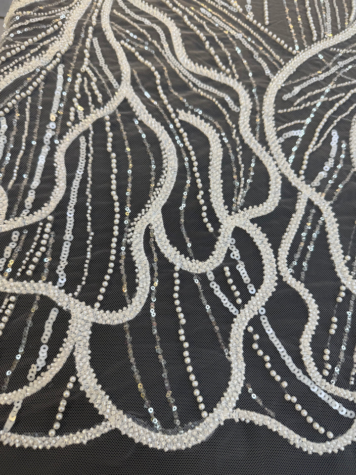 Luxury Off-white Lace with Silver Sequin Abstract Waves( 1 Piece = 2 Meter)