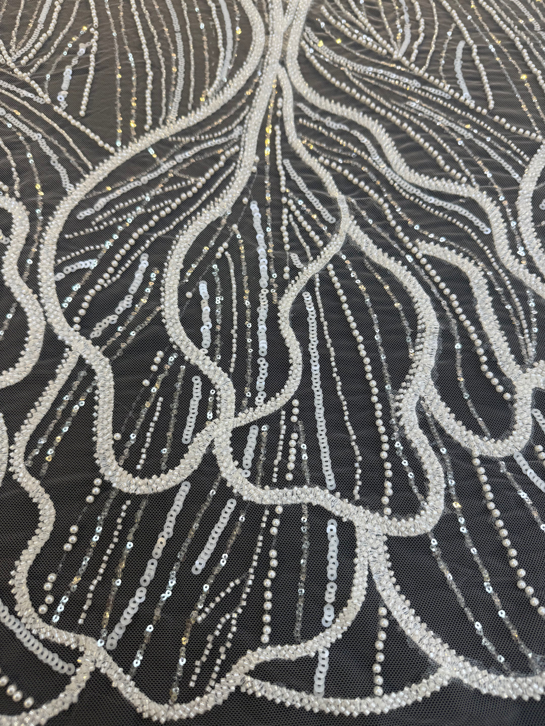 Luxury Off-white Lace with Silver Sequin Abstract Waves( 1 Piece = 2 Meter)