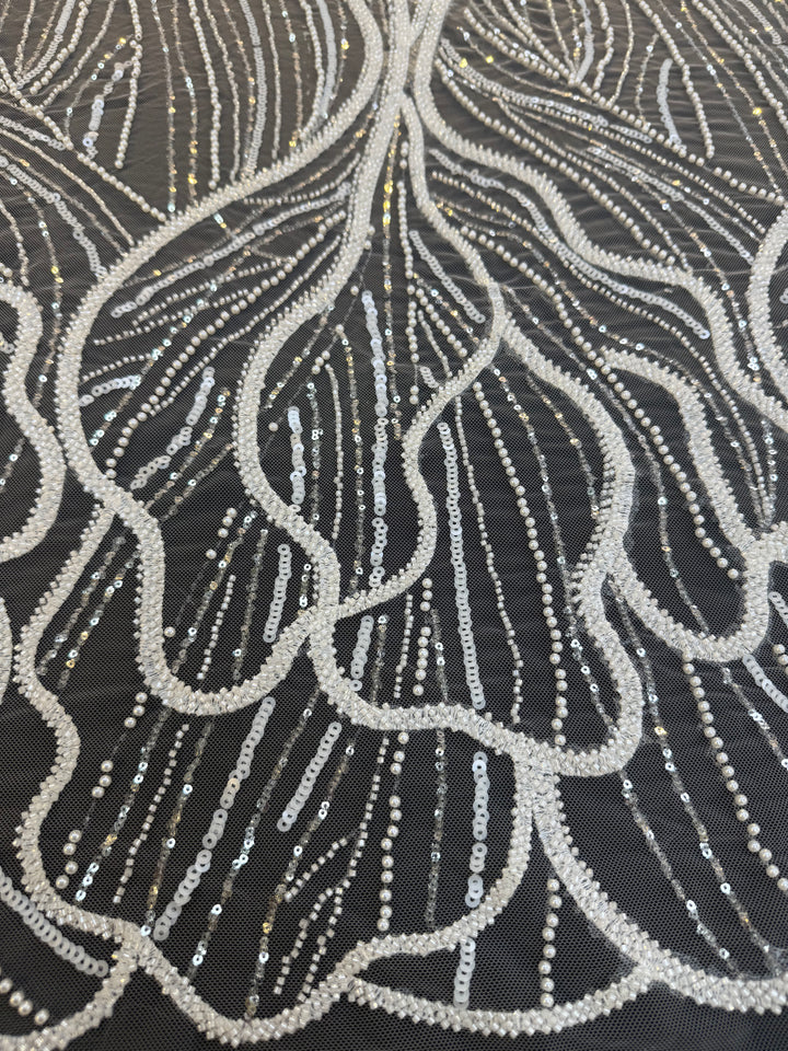 Luxury Off-white Lace with Silver Sequin Abstract Waves( 1 Piece = 2 Meter)