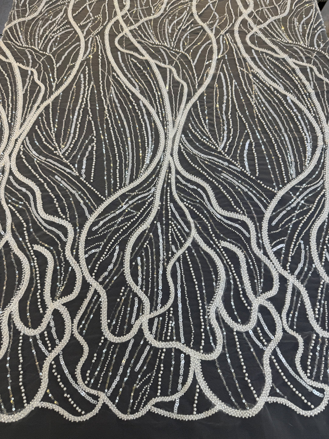 Luxury Off-white Lace with Silver Sequin Abstract Waves( 1 Piece = 2 Meter)