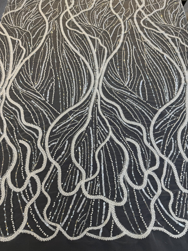 Luxury Off-white Lace with Silver Sequin Abstract Waves( 1 Piece = 2 Meter)