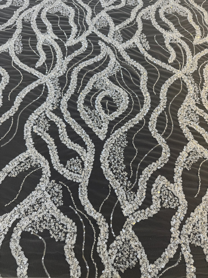 Luxury White Beads Silver Sequin Waves on Black Tulle Mesh – Couture Evening Fabric( 1 Piece = 3 Meter)