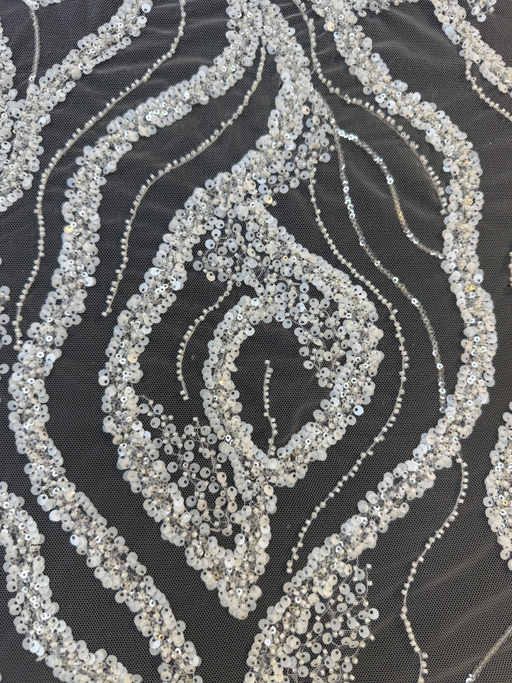 Luxury White Beads Silver Sequin Waves on Black Tulle Mesh – Couture Evening Fabric( 1 Piece = 3 Meter)