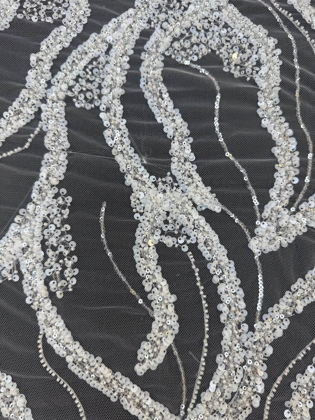 Luxury White Beads Silver Sequin Waves on Black Tulle Mesh – Couture Evening Fabric( 1 Piece = 3 Meter)