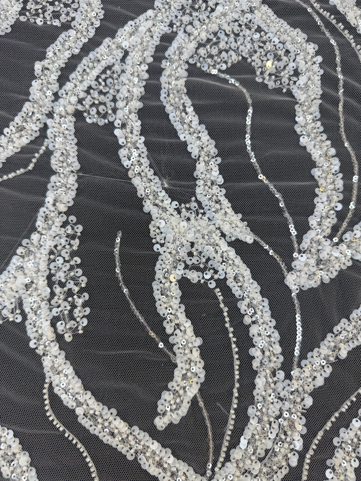 Luxury White Beads Silver Sequin Waves on Black Tulle Mesh – Couture Evening Fabric( 1 Piece = 3 Meter)