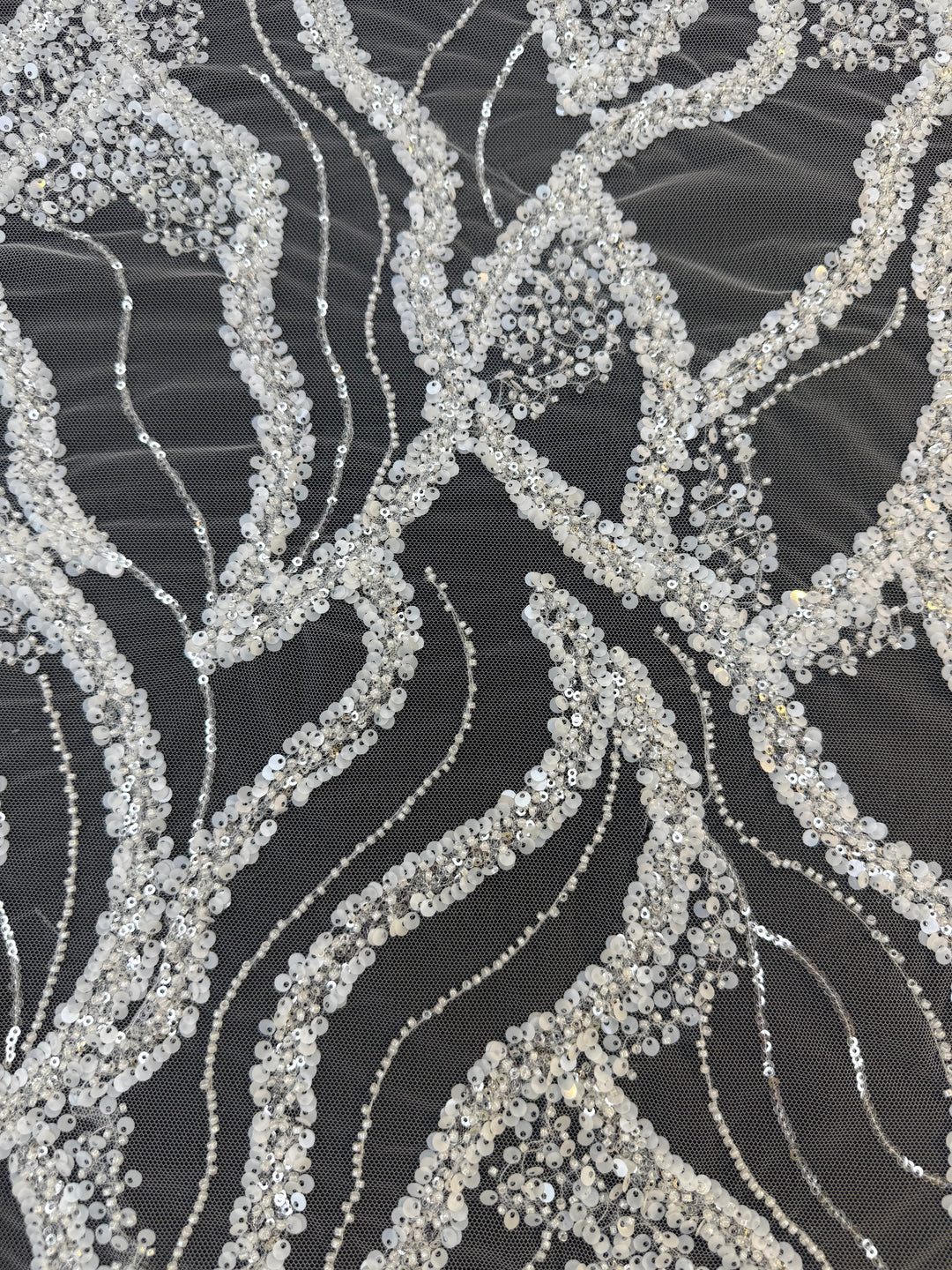 Luxury White Beads Silver Sequin Waves on Black Tulle Mesh – Couture Evening Fabric( 1 Piece = 3 Meter)