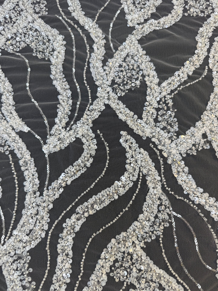 Luxury White Beads Silver Sequin Waves on Black Tulle Mesh – Couture Evening Fabric( 1 Piece = 3 Meter)