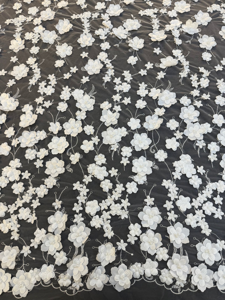 Luxury 3D White Floral Embroidered Tulle with Pearls – Bridal & Haute Couture Fabric ( 1 Piece = 3.5)
