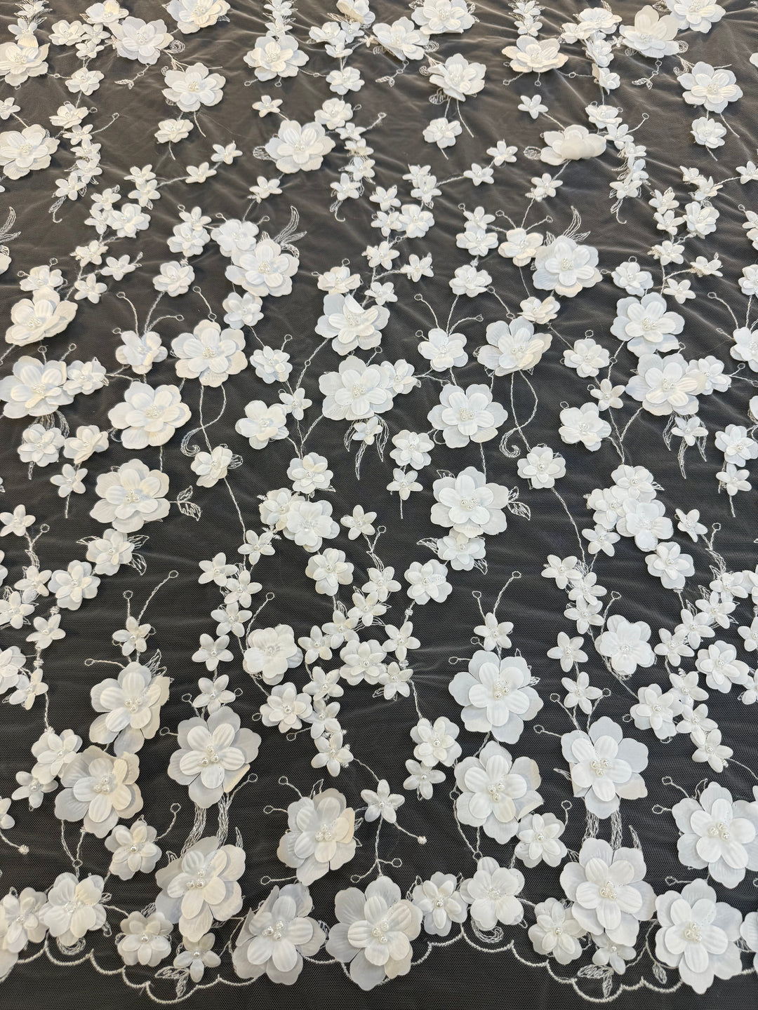 Luxury 3D White Floral Embroidered Tulle with Pearls – Bridal & Haute Couture Fabric ( 1 Piece = 3.5)