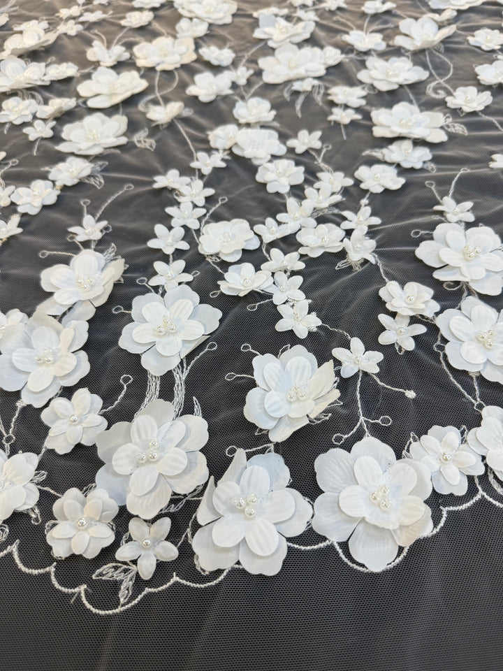 Luxury 3D White Floral Embroidered Tulle with Pearls – Bridal & Haute Couture Fabric ( 1 Piece = 3.5)
