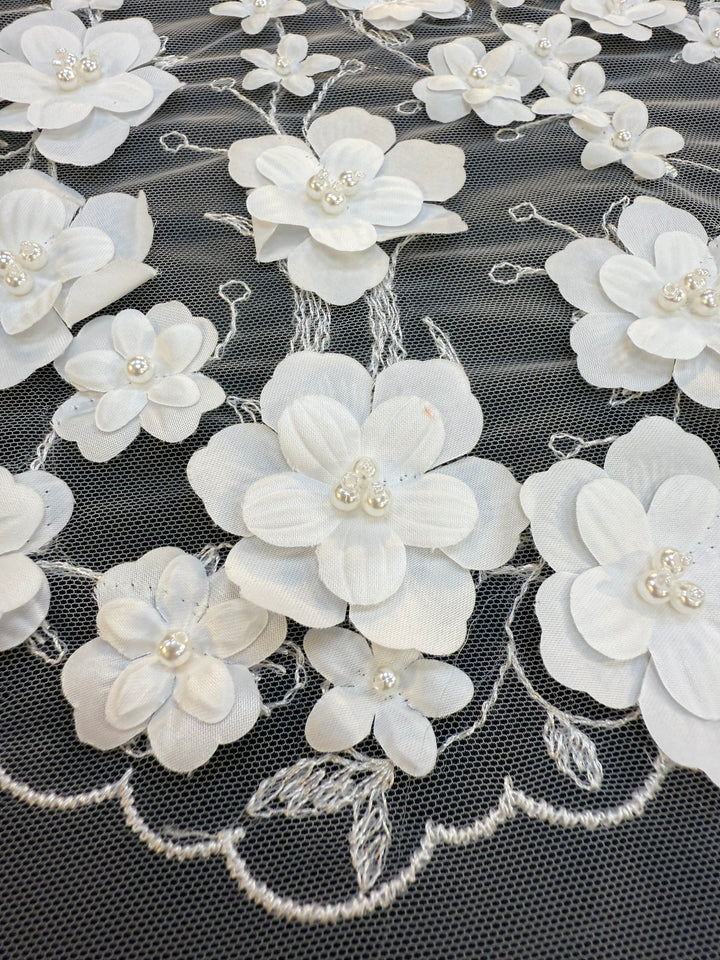 Luxury 3D White Floral Embroidered Tulle with Pearls – Bridal & Haute Couture Fabric ( 1 Piece = 3.5)